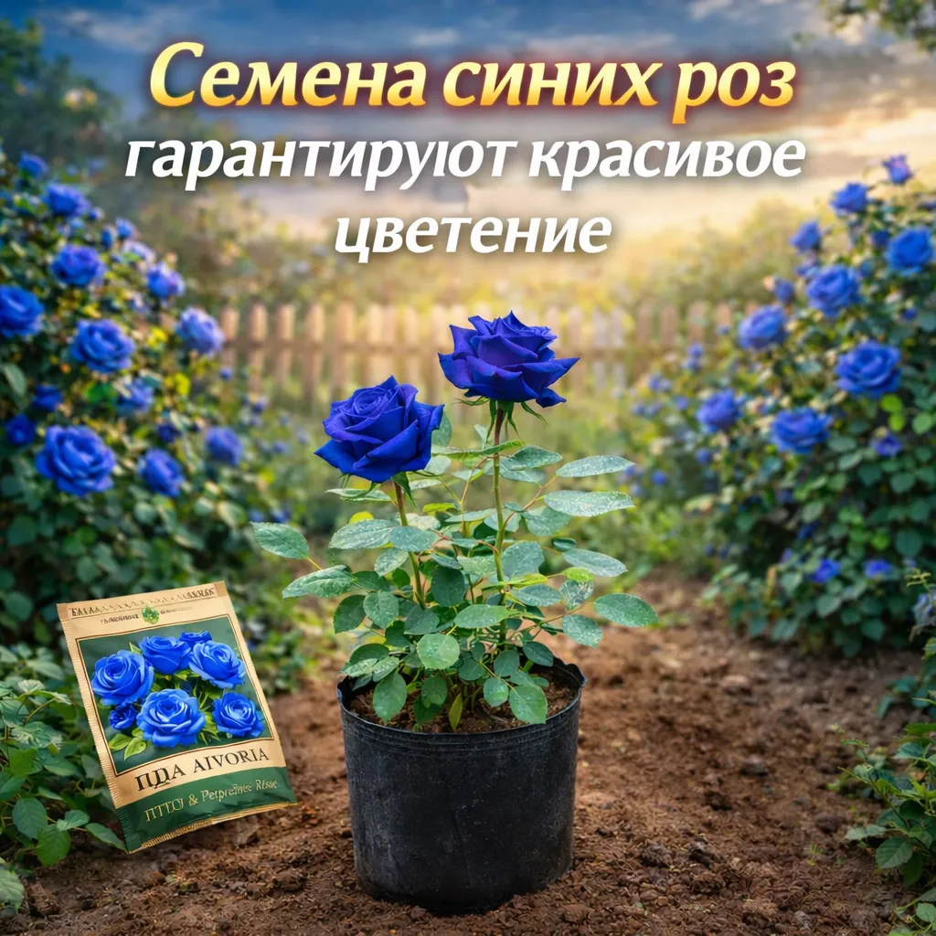 Пакет семян и молодой куст синей розы