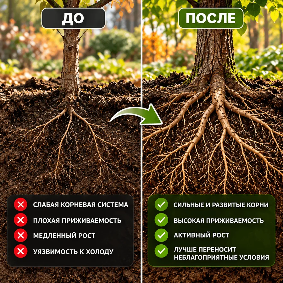 Корни до и после